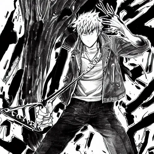 Image similar to a beautiful painting of chainsaw man manga panel by tatsuki fujimoto, detailed line art, chainsaw man manga