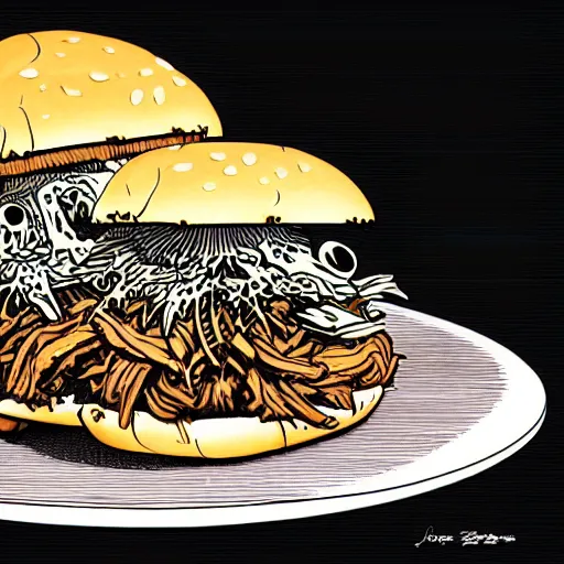 Prompt: pulled pork sandwich, artwork of joe fenton
