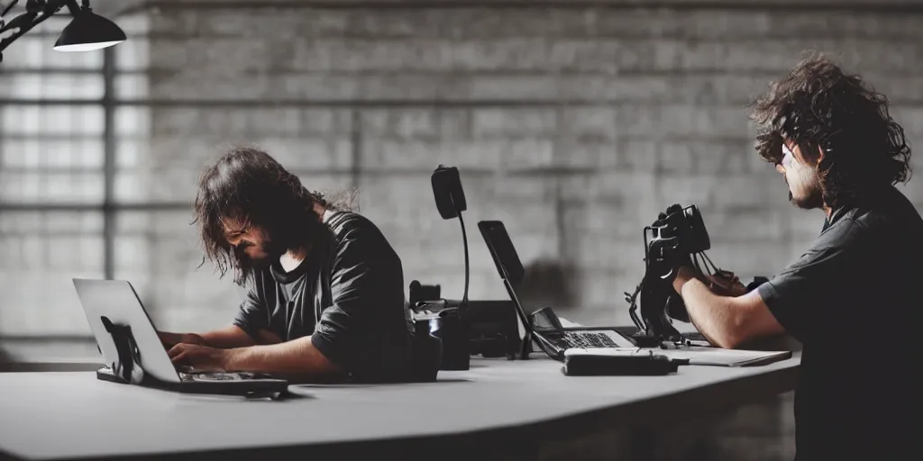 Prompt: silhouette angry fat pimply videographer with long dirty hair type angry comment on laptop sitting near table, mid range view from side