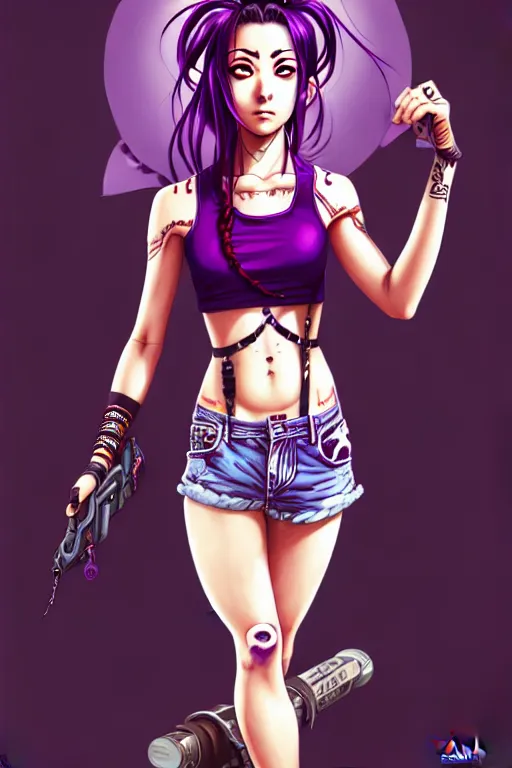 Image similar to a portrait of dilraba dilmurat as revy from black lagoon, smirk, black tank top, jean shorts, brown eyes, purple hair, tribal tattoo sleeve right arm, symmetrical eyes, symmetrical face, art by lois van baarle and loish and ross tran and rossdraws and sam yang and artgerm