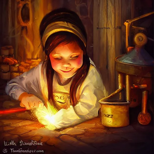 Image similar to the blacksmits’ daughter, working in the forge, a smile at her face, fantasy art in the style of Lilia Alvarado,