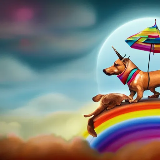 Prompt: sausage dog riding a unicorn, through the clouds on a postage stamp, artistic rendering, 4 k high rez, abstract design, artstation, ample lighting, dna, intense fantasy