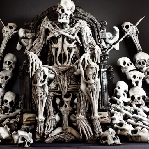 Prompt: a very evil dark half - god lord king sitting on a throne made out of skulls and bones. high quality. 8 k resoltion.