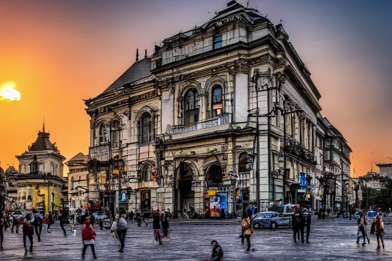 Image similar to urban photography of bucharest, award winning, sunset, streets, buildings, people, beautiful