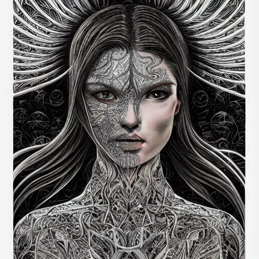 Image similar to holographic interface painted in alex grey and cameron gray style drawn by vania zouravliov and takato yamamoto, inspired by ooioo, intricate wood carving, black and white, 3 d, high detail, sharp high detail, artstation, octane