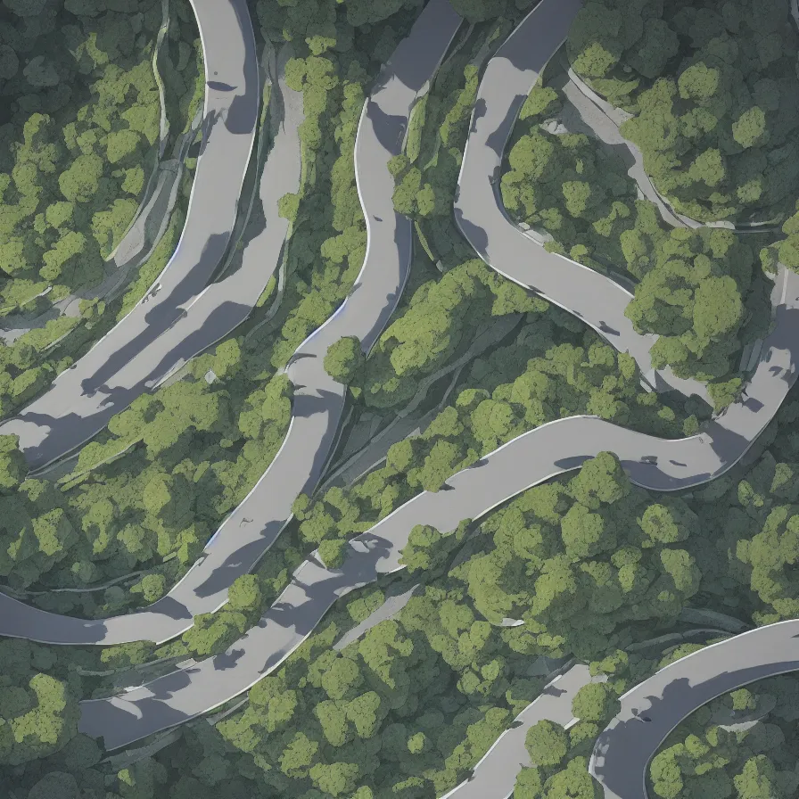 Prompt: View from above of a mountain road descending in curves, art by Goro Fujita, ilustration, concept art, sharp focus, ArtStation and deviantart