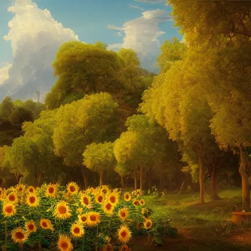 Prompt: the garden of the sun, an endless field of sunflowers in perpetual summer sunlight, touhou gensokyo by thomas cole, asher brown durand, greg rutkowski, highly detailed, soft lighting, rendered in octane