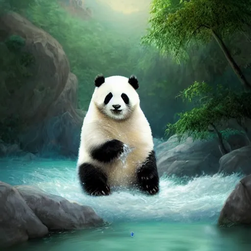 Image similar to Epic portrait an fluffy cute panda playing with water near a green river, nature, digital painting, artstation, concept art, soft light, hdri, smooth, sharp focus, illustration, fantasy, intricate, elegant, highly detailed, D&D, matte painting, in the style of Greg Rutkowski and Alphonse Mucha and artemisia, 8k, highly detailed, jurgens, rutkowski, bouguereau, pastoral, rustic, georgic, detailed concept art, illustration, colorful pastel, painting, detail, ultra detailed, digital art, 4K,