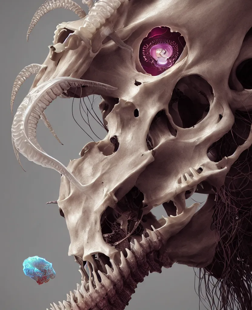 Image similar to goddess close-up portrait goat skull. jellyfish phoenix head, nautilus, orchid, skull, betta fish, bioluminiscent creatures, intricate artwork by Tooth Wu and wlop and beeple. octane render, trending on artstation, greg rutkowski very coherent symmetrical artwork. cinematic, hyper realism, high detail, octane render, 8k