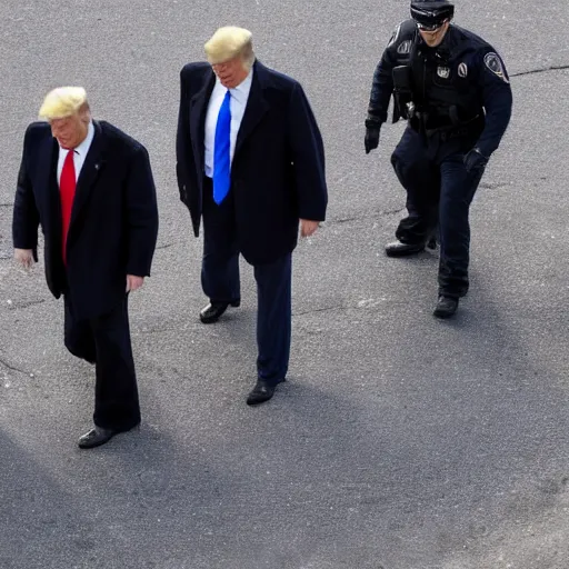 Prompt: candid ap press photo of president trump in handcuffs escorted by 3 fbi agents, walking him into a police car, new york times, wide angle lens, highly detailed portrait, 4 k uhd, sony camera, f / 2 2