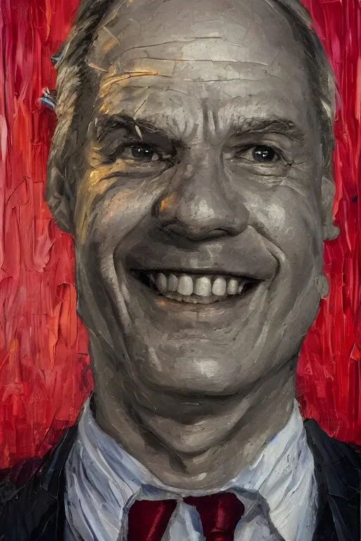 Image similar to palette knife oil painting portrait of lars erickson, a greying man who is relaxed and reliant. he wears a suit shirt with no jacket, red suspenders, a loose tie, and folded up sleeves. dashing smile., extreme detail, artstation trending, noir, artgerm, any racial background, deviant art, octane, substance, art history 8 k