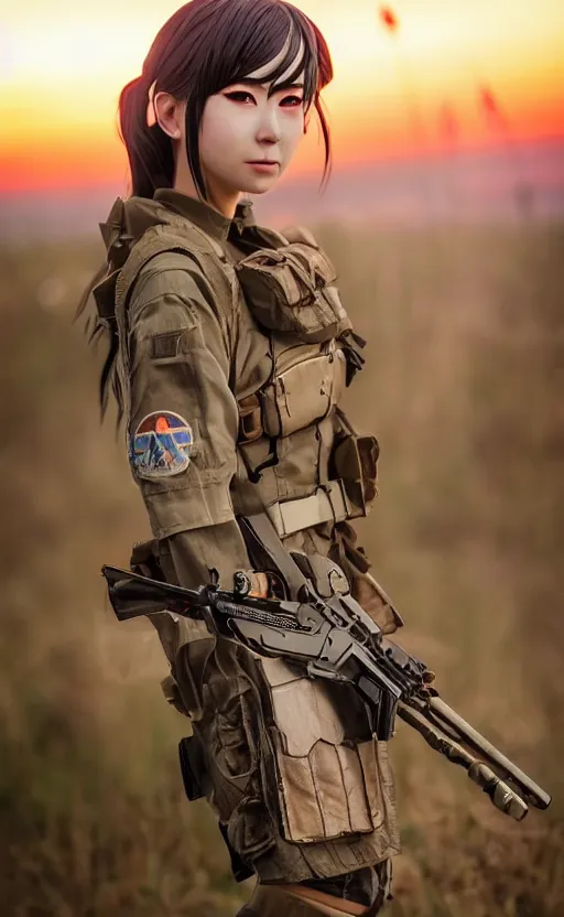 Prompt: highly detailed, high resolution, cosplay photo, stunning, realistic lightning, real sunset, in the middle of the battlefield, girls frontline style, bokeh soft, 100mm, trending on facebook, by professional photographer, realistic anatomy, realistic military carrier, soldier clothing, airsoft, modern warfare