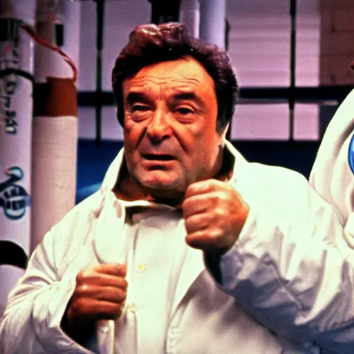 Image similar to columbo and the michelin man are standing in a boxing ring, realistic, photography, bokeh effect