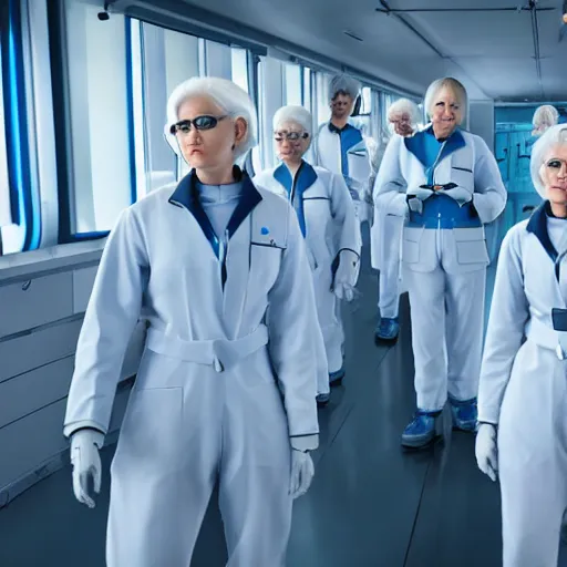 Image similar to line of derpy women with white hair, tight light blue neopren space uniforms, futuristic chemistry lab, sci - fi, highly detailed, cinematic