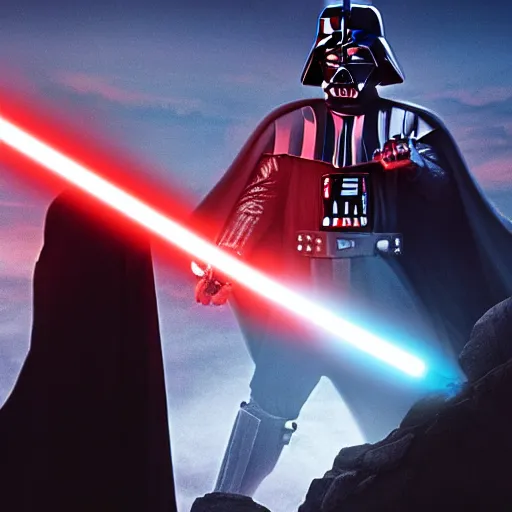 Prompt: darth vader piercing his red lightsaber into the chest of luke skywalker on top a mountain, wide angle shot, diffuse lighting, fantasy, intricate, elegant, highly detailed, lifelike, photorealistic, smooth, sharp focus, a 2 4! film cinematography, cinematic, hyper realism, high detail,