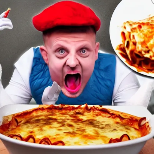 Image similar to Wigeusz YouTuber screaming at children eating his lasagne