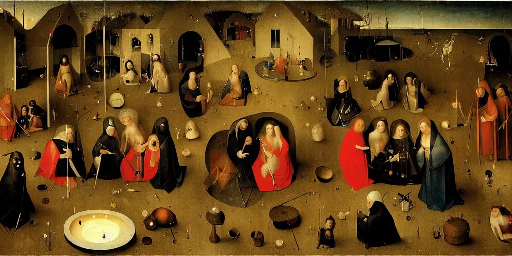 Image similar to a party at midnight, modern indoors, bay area, candles, hot tub, friendship, hope, art by hieronymus bosch