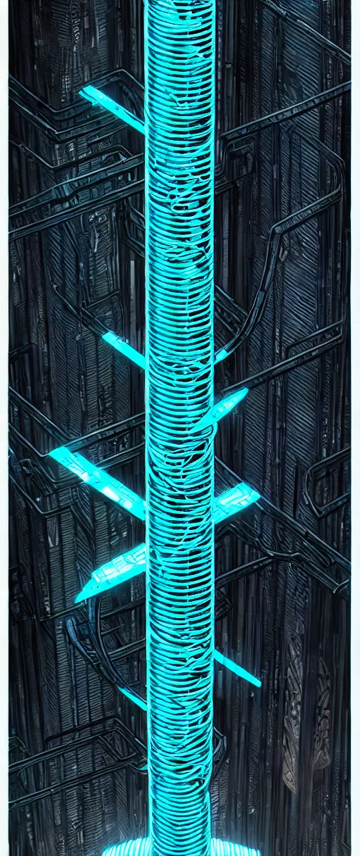 Image similar to a double helix dna cyberpunk pillar, high details, lineart, by vincent di fate, inking, 3 color screen print, masterpiece, trending on artstation, sharp, high contrast, hyper - detailed,, hd, 4 k, 8 k