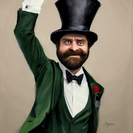 Image similar to hyper realistic portrait painting, beautifully rendered, zach galifianakis as dapper fancy luigi wearing a green top hat, green suit and bowtie, smirking deviously, painted by greg rutkowski, wlop, artgerm, dishonored 2