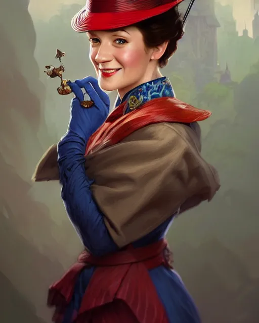 Prompt: Mary Poppins smiling and looking to the side, D&D, fantasy, intricate, elegant, highly detailed, digital painting, artstation, concept art, matte, sharp focus, illustration, hearthstone, art by Artgerm and Greg Rutkowski and Alphonse Mucha