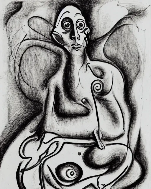 Image similar to portrait of a demon. Line drawing by Jean Cocteau. Pen and ink by Dali.