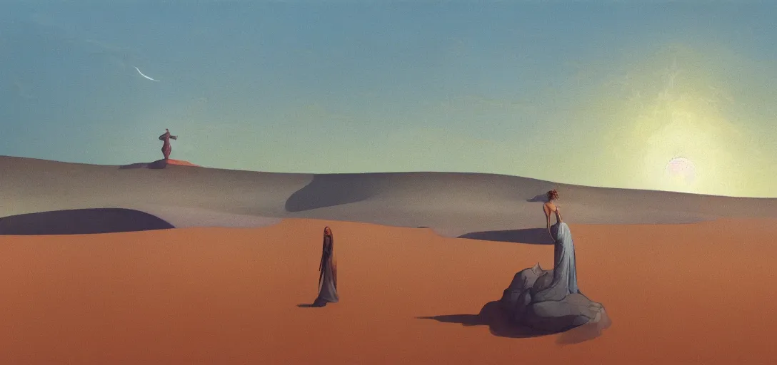 Image similar to a golden salt flat surrounded by dunes with a ruined statue of a woman emerging from the blue sand, illustrated, epic composistion, moebius, edward hopper and james gilleard, zdzislaw beksinski, steven outram, volumetric lighting, surreal flat colors, concept art