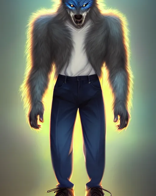 Image similar to character concept art, cute adult male anthropomorphic furry, cute fine face, darkblue werewolf, pants, pretty face, key visual, long human lightblue hair, realistic shaded furry face, fine details by stanley artgerm lau, wlop, rossdraws, james jean, andrei riabovitchev, marc simonetti, and sakimichan