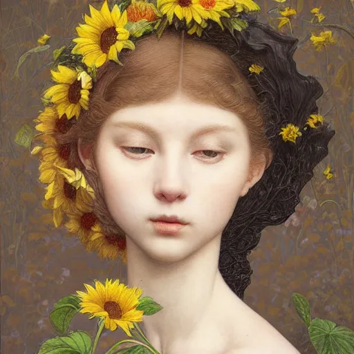 Image similar to white cat girl, botanical, sunflower, portrait face, colorful, frantisek kupka, intricate, miles johnston, kuroda seiki, cynical realism, ozabu, john william godward, painterly, yoshitaka amano, moebius, miles johnston, louise zhang, james jean, mark ryden lowbrow pop surrealism art style