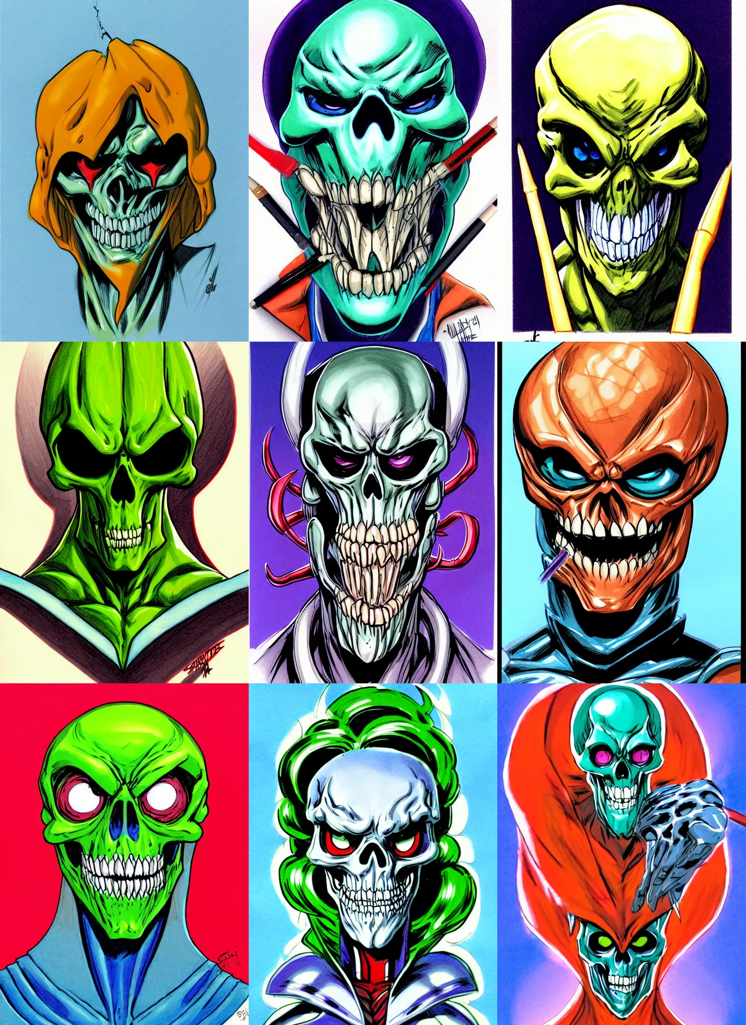 Prompt: macro head shot centered ink colored airbrushed gouache sketch by cliff chiang!!! centered symmetrical headshot of crazy maniac skeletor in the style ofj scott campbell