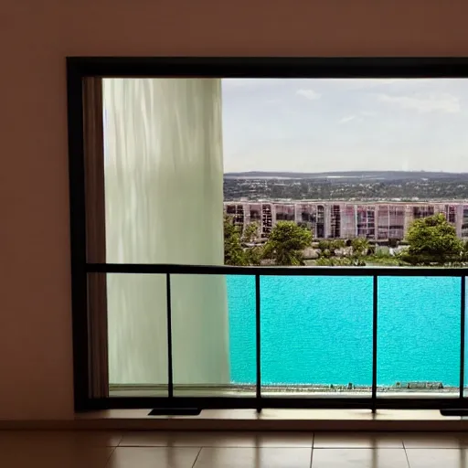 Prompt: a ultra high definition pastel coloured photographic print from a holiday photo album. the photo is a medium frame, 5 0 mm depicting the interior of an expensive alien hotel balcony, furniture and view. the interior was designed by wes anderson ’ s opposite. iridescent transparent glass, pastel pink concrete, foam. 8 k. architectural. interior. no artefacts. highly detailed.