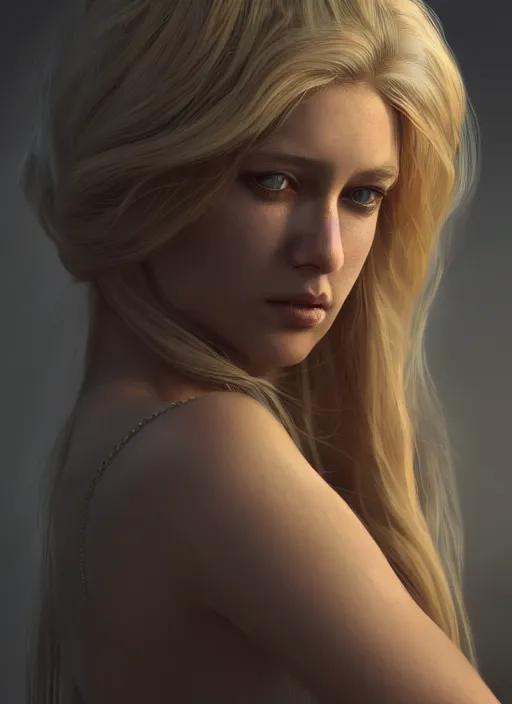 Image similar to beautiful art portrait by Max Nonnenbruch depicting blonde woman, evening, atmospheric lighting, intricate detail, cgsociety, hyperrealistic, octane render, ambient light, dynamic lighting