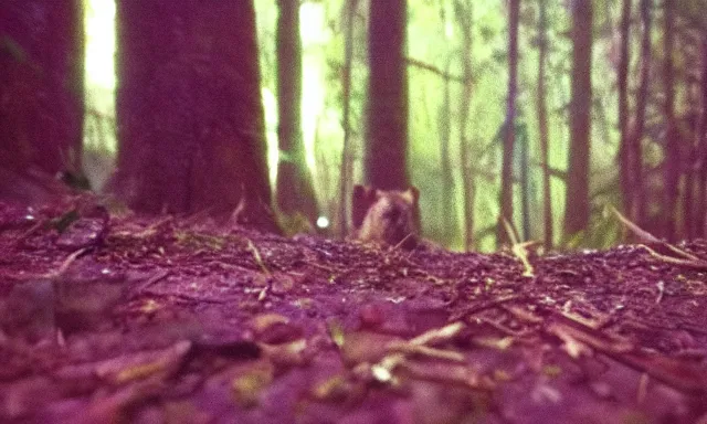 Prompt: creature far away looking at camera in forest at night, colorized 70s photo, out of focus, motion blur, cctv footage, horror movie, horror lighting, blair witch project, old photo