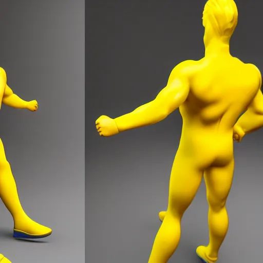 Image similar to still photo of a yellow superman, highly detailed, photorealistic portrait, bright studio setting, studio lighting, crisp quality and light reflections, unreal engine 5 quality render