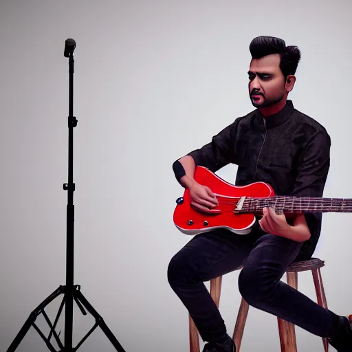 Prompt: portrait of bangladeshi singer songwriter james playing his red electric guitar on stage, concert lighting, photorealistic, dslr, 8 4 mm, editorial photography, high details, octane render, 4 k