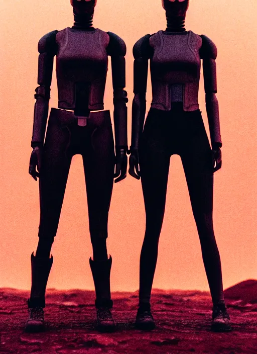 Image similar to cinestill 5 0 d photographic portrait of two loving female androids wearing rugged black cutout waist techwear on a desolate plain with a red sky, extreme closeup, modern cyberpunk, dust storm, 8 k, hd, high resolution, 3 5 mm, f / 3 2, ultra realistic faces, ex machina, blade runner