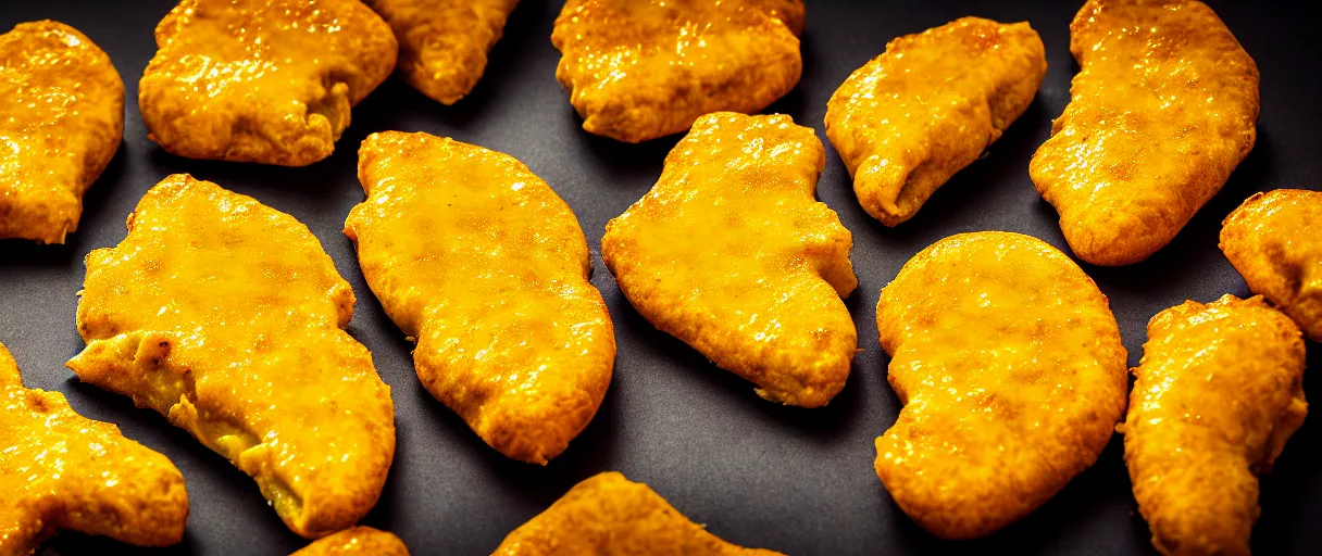 Image similar to pop art gooey pizza slices and chicken nuggets walter battiss dramatic yellow lighting low angle hd 8k sharp shallow depth of field