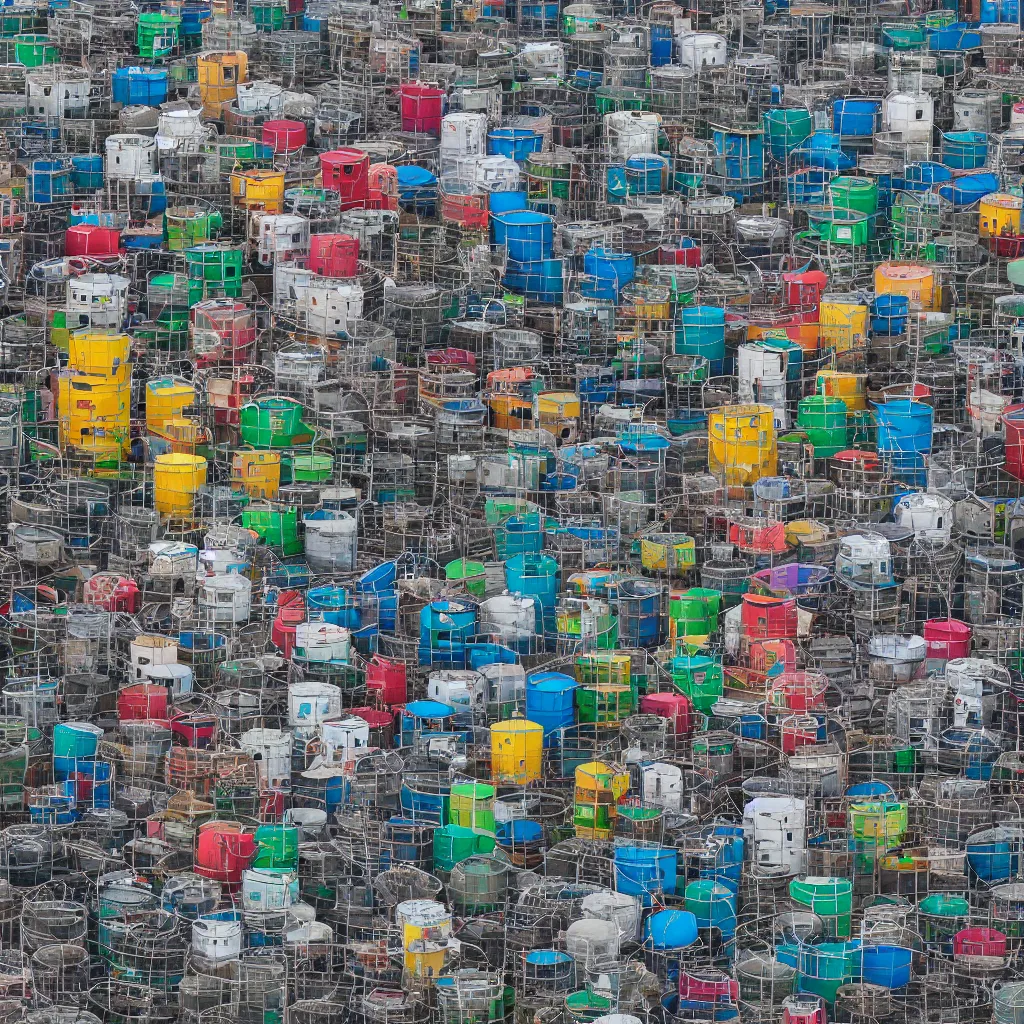 Prompt: a short circular tower, made up of colourful makeshift squatter shacks, vertical blank spaces, dystopia, sony a 7 r 3, f 1 1, fully frontal view, photographed by jeanette hagglund