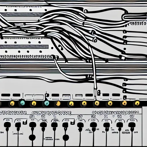 Image similar to illustration of a person made of patch cables using a modular synthesizer