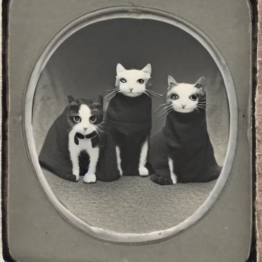 Prompt: daguerreotype of 3 cats in a trench coat