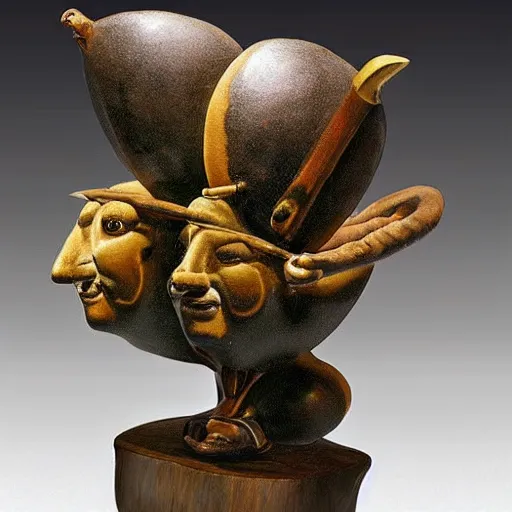 Prompt: Salvador Dali surrealist sculpture of a Moche Lima Bean Warrior fighting and egghead Warrior