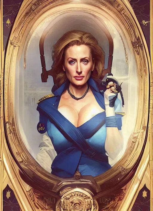 Image similar to lindsey pelas as gillian anderson the president of united states, digital painting, artstation, concept art, sharp focus, illustration, art by artgerm and greg rutkowski and alphonse mucha