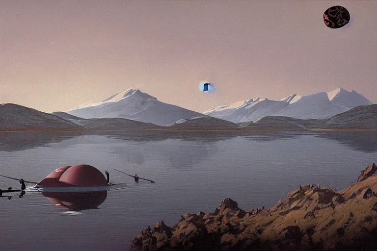 Image similar to a giant floating sphere covered in canadian aboriginal patterns hovering above a Yukon lake, painted by Ralph McQuarrie, matte painting