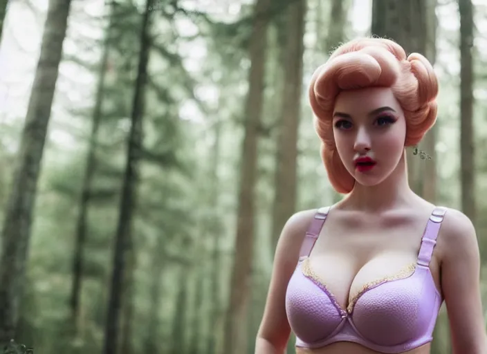 Prompt: intricate real life princess peach, tight push up pale violet bra, large bust, forest, cinematic, aesthetics, full pov