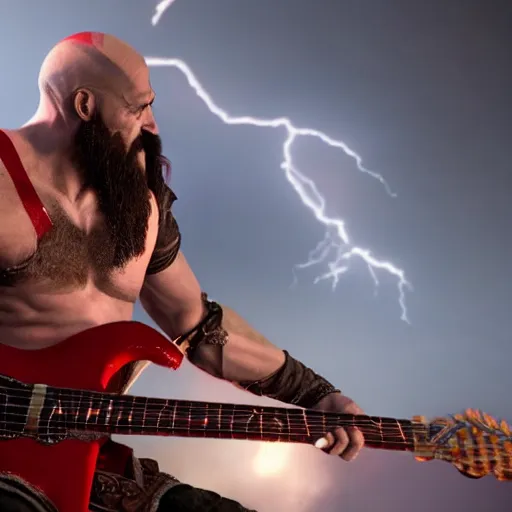 Image similar to kratos shredding on a flaming stratocaster guitar, cinematic render, god of war 2 0 1 8, santa monica studio official media, lightning, spartan rage, head turned