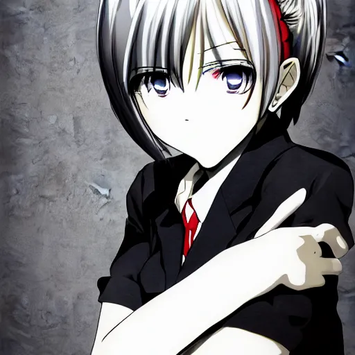 Prompt: Character design of an anime girl with short white hair and black eyes wearing three piece suit in the style of Yoshitaka Amano, abstract black and white background with lines, film grain effect, highly detailed, soft gradients