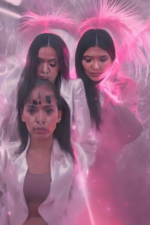 Image similar to 3d realistic dramatic infrared photo of kim kardashian and kylie jenner as schoolgirls falling in a dark subway station in Japan. Close-up portrait. There are pink palm trees and translucent glowing jellyfish flying around. Volumetric composition. Pastel colors in the style of Hiro Kiyohara, redshift, octane, trend artstation, cinematic, hyper realism, high detail, 8k