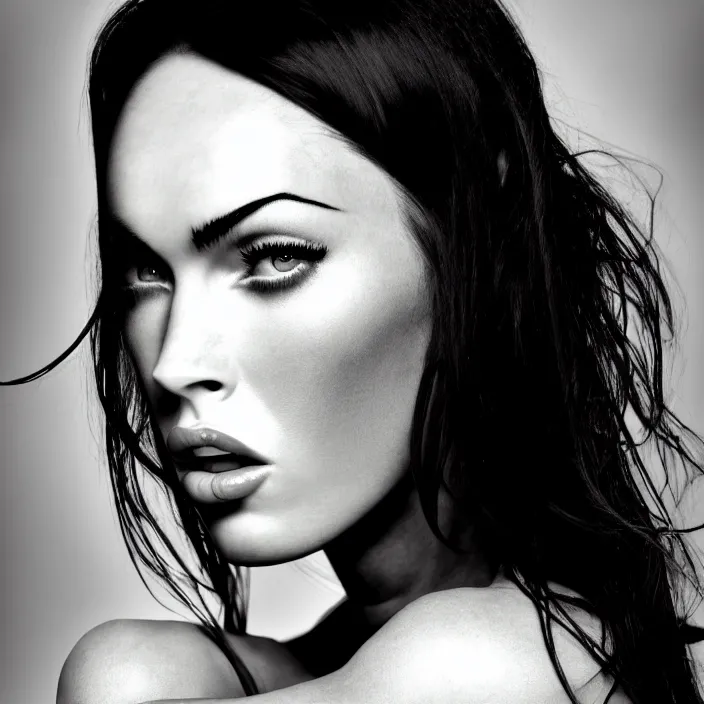 Prompt: photography face portrait of a beautiful woman like megan fox, black and white photography portrait, skin grain detail, high fashion, studio lighting film noir style photography, by richard avedon, and paolo roversi, nick knight, hellmut newton, nobuyo araki, on a tropical wallpaper exotic patern background