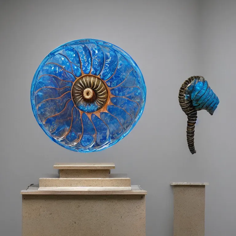 Prompt: hyperrealistic sculpture of a bronze fossilized nautilus ammonite dusted with blue spraypaint in a grid cage on a pedestal by ron mueck and duane hanson and lee bontecou, hyperrealistic dramatic colored lighting trending on artstation 8 k