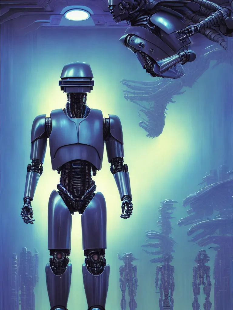 Prompt: robocop torso, symmetry, faded colors, exotic alien features, cypherpunk background, tim hildebrandt, wayne barlowe, bruce pennington, donato giancola, larry elmore, masterpiece, trending on artstation, featured on pixiv, cinematic composition, beautiful lighting, sharp, details, hyper detailed, 8 k, unreal engine 5