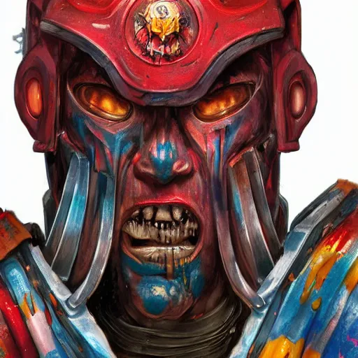 Prompt: Bright, colorful, realistic Warhammer 40k individual full body and head shot gore covered with scars and tattoos screaming, backlighting, kodachrome, high contrast, highly detailed, sharp focus, digital painting, concept art, illustration, trending on artstation, comic book by Alex Ross cover art